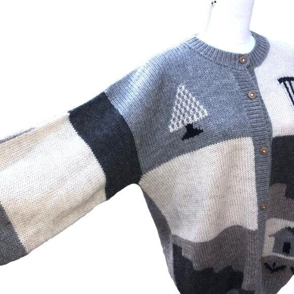 Vintage Wool Cardigan Womens Chunky Wooden Buttons Gray White Crew Neck Abstract - Picture 3 of 14